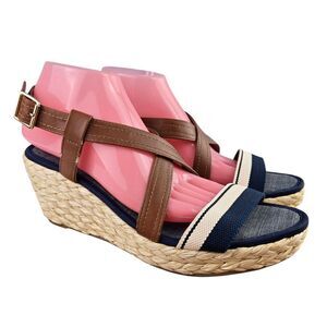 Ellos Womens 11 M Tan & Blue 2.5" Wedge Espadrille Buckle Sandal
